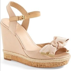 Tory Burch Penny Faille Bow Wedge Size 10 Tan Camellia Pink